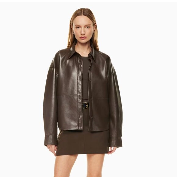Aritzia Tops - Aritzia Babaton Dark Brown Faux Leather Shirt Jacket Size Small LIKE NEW